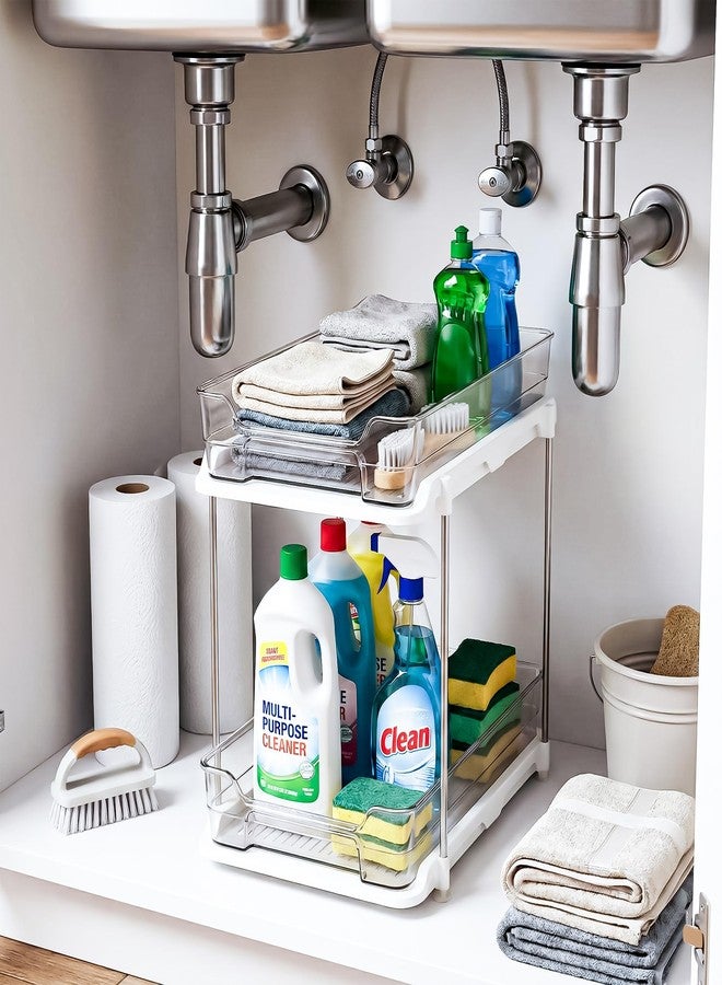 CLAPONE Bathroom Organizer Clear Under Sink Organizers Vanity Countertop Storage Container Cabinet Drawers Pull-Out Organization with Track for Pantry Kitchen (2 Tier) - Image 1